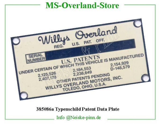  Typenschild Patent Data Plate  Willys-M38A1   Willys Overland  Neiske & Pinn   Willys Overland  Willys-M38A1   Neiske & Pinn  Willys-M38A1  Willys Overland  Willys-M38A1   Willys Overland  Willys-M38A1  Neiske & Pinn  