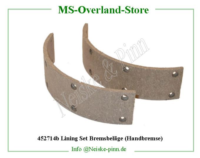  Lining Set Bremsbeläge (Handbremse)  Willys-M38 Garnitures machoire frein main type ford   Willys Overland Lining hand brake shoe ford type Neiske & Pinn  WO116712 WO-116712 Willys Overland  Willys-M38  WO-116712 Willys-M38  Neiske & Pinn  