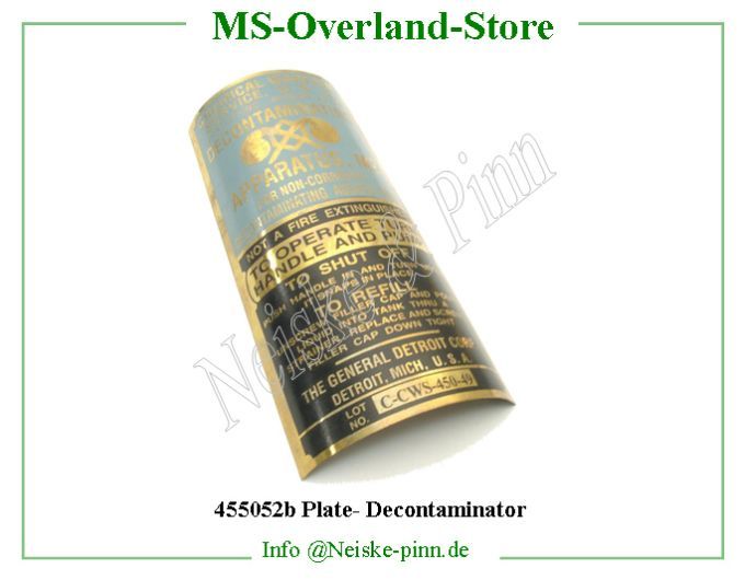  Plate- Decontaminator  Willys-MB Plaque identification laiton deconta   Willys Overland Plate data brass decontaminator Neiske & Pinn  WOA617 WO-A617 Willys Overland  Willys-MB  WO-A-617 Willys-MB  Neiske & Pinn  